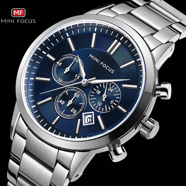 

watches mens 2020 classic business quartz watch brand luxury stainless steel strap 3 sub-dial 6 hands chronograph mini focus, Slivery;brown