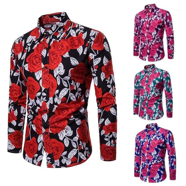 

mens shirts casual trendy rose flower printed long sleeve turn-down collar slim fit men shirt1, White;black