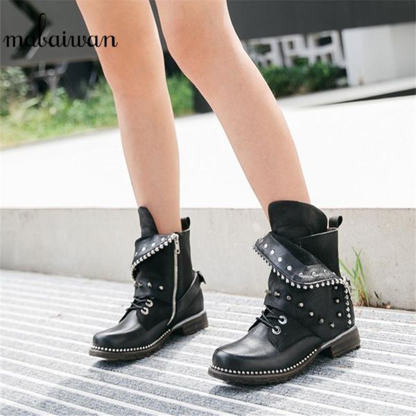 

mabaiwan black casual women shoes handmade ankle boots genuine leather rivets flats shoes women n gladiator short riding boots