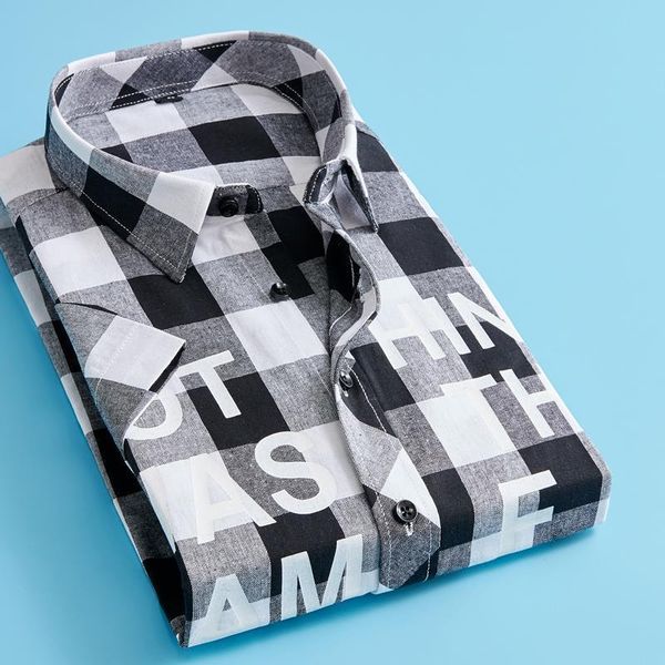 

men shirt short sleeve men's casual shirt plaid slim fashion trend men shirts streetwear, White;black