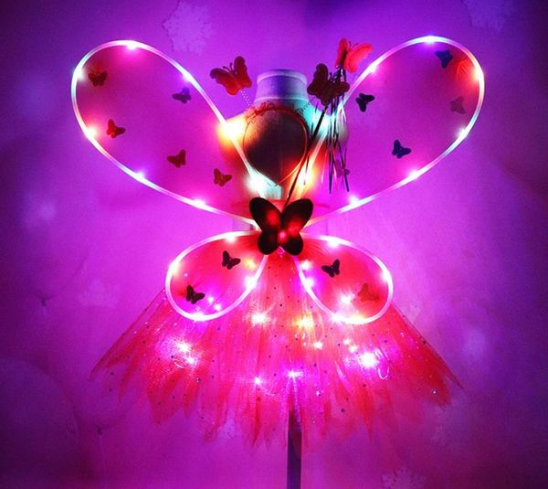Girl Led Butterfly Wings Set с юбкой с юбкой Fairy палочкой голод сказочный принцесса зажигая вверх партийный карнавал костюм реквизиты SN2213