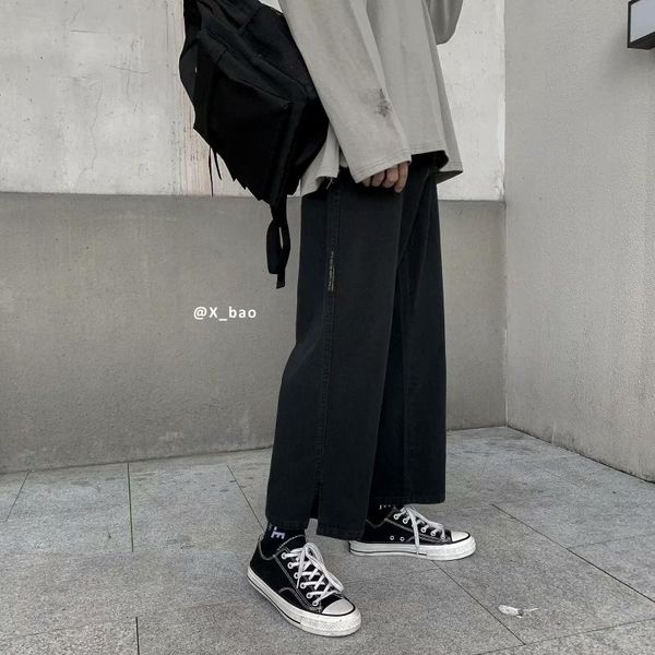 

gang feng ins straight wide leg pants nan ku zi casual pants loose straight ripped pantyhose korean version of the trend of the, Black