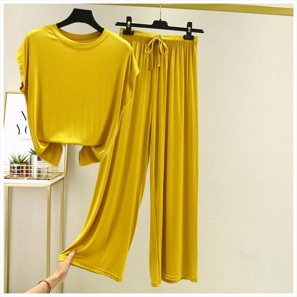 

2021 summer fashion women suit female modal round neck batwing sleeve two piece set wide leg pants casual clothing outfits, Gray