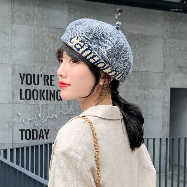 

Autumn faux Wool Beret Women French Artist Beanie Hat Newsboy Painter hat Kawaii Flat Top caps Elegant Lady winter warm1, Blue;gray