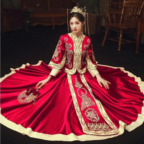 

chinese style bride gown embroidery cheongsam wedding ceremony dresses costume evening dress slim qipao asia ethnic clothing, Red