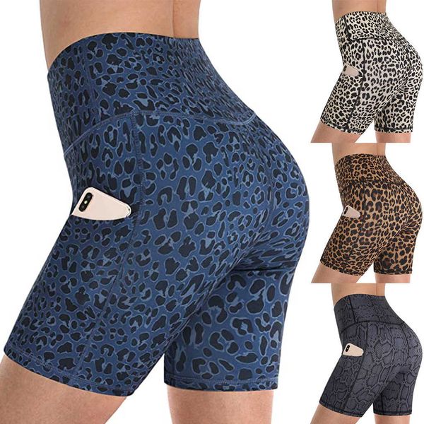 

women's leopard snake print hip pocket fitness shorts yoga pants, White;black