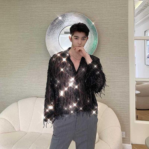 

2020 summer nightclub dj singer shiny sequin shirts male fashion bling tassel long sleeve shirt stage costume1, White;black