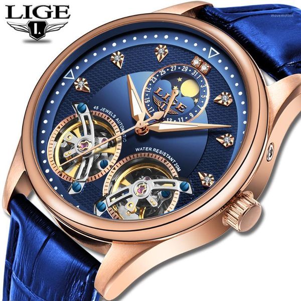 

2020 lige new men watch automatic mechanical watch tourbillon high end genuine leather waterproof relogio masculino1, Slivery;brown