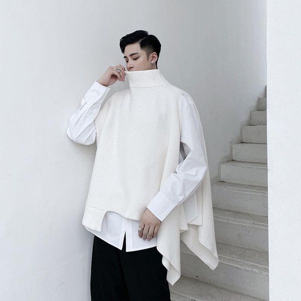

iefb / men's wear niche design asymmetric clock style sweater male's split shawl knitted trendy turtleneck clothes 9y40711, White;black