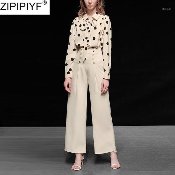 

2020 spring streetwear women outfit two pieces set long wide leg pant fashion elegant v-necklong sleeve dot blouse suit1, White