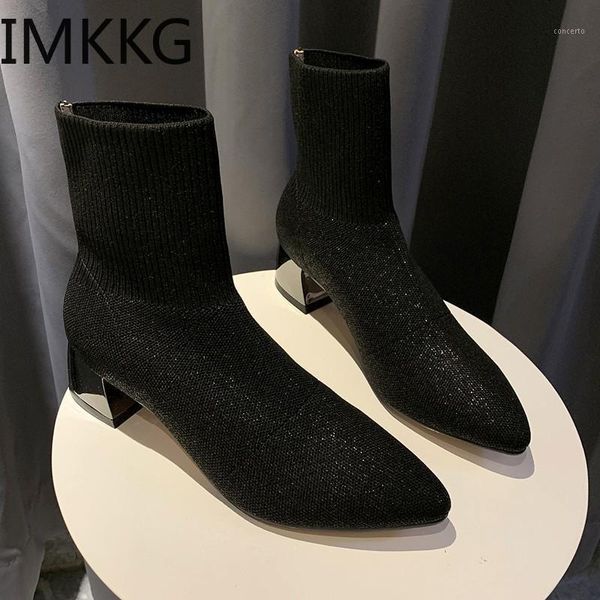 

2020 fashion women ankle boots thick heels shoes female pointed toe ladies shoe warm boot woman zipper botas1, Black