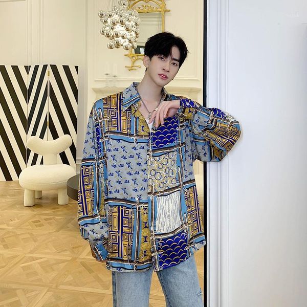 

overhemden heren men vintage print loose casual long sleeve shirt male satin 2020 summer style fashion streetwear dress shirts1, White;black