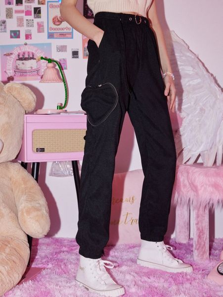 

romwe solid heart pocket corduroy pants m4cx#, Black;white