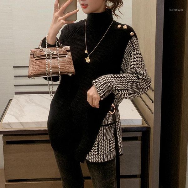 

sweater women turtleneck pullovers stretch korean knit plus size harajuku fall 2020 winter clothes black plaid stitching1, White;black