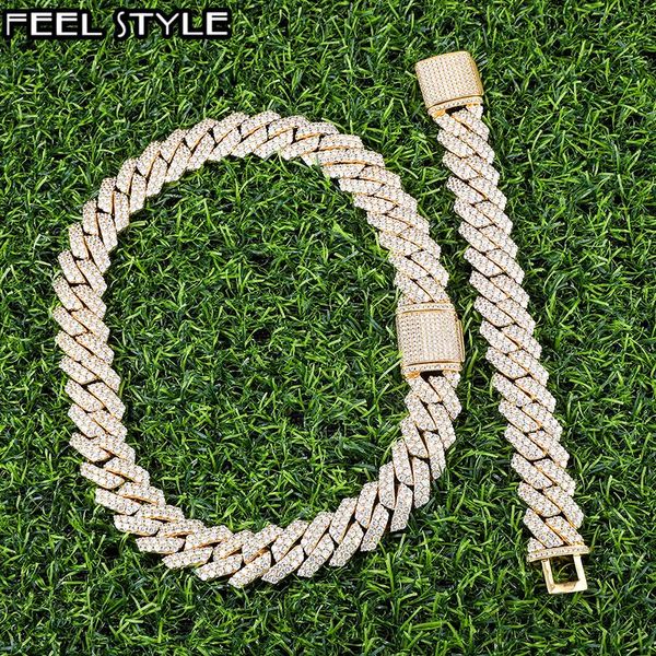 

chains hip hop 19mm 2 row heavy cuban prong chain bling iced out box buckle copper setting + cz 2set for men jewelry, Silver
