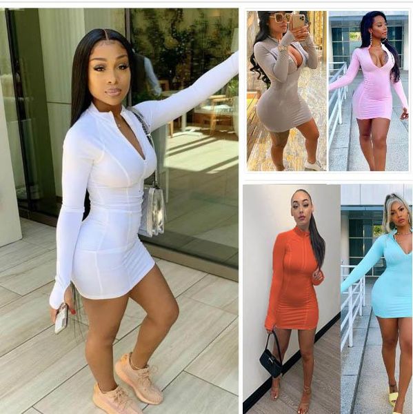 

women mini dress t shirt skirts club bodycon zipper dress tight stretch stand collar long sleeve vestmini skirt, Black