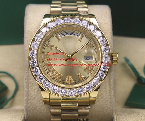 

18k yellow gold 41mm day-date roman diamond dial asia 2813 movement automatic mechanical mens men's watch watches, Slivery;brown