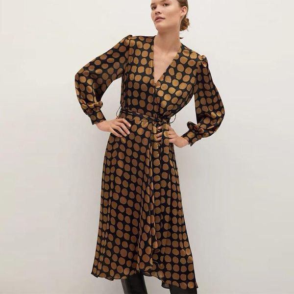 

mid-calf dresses 2020 women dot print bohemian maxi sashes dress casual long sleeve v neck party dress vestidos, Black;gray