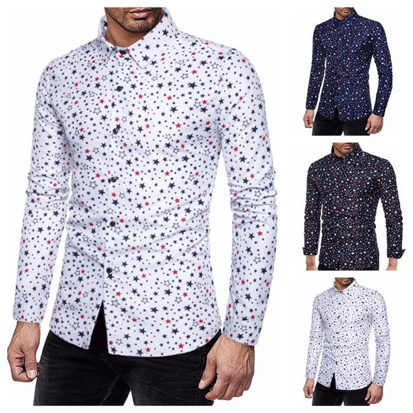 

men's casual shirts men 2021 european size versatile five-pointed star print slim shirt long sleeve, White;black