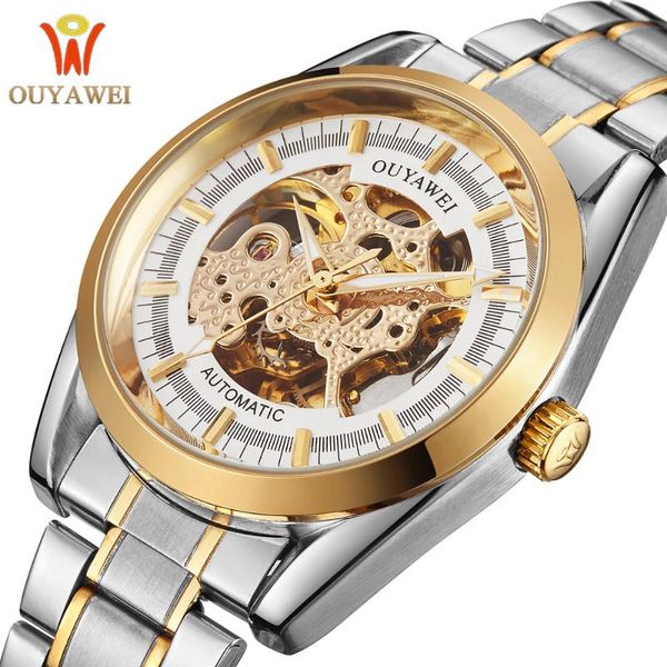 

wristwatches ouyawei automatic male wristwatch luxury golden case stainless steel band relogio masculino mechanical skeleton watch men clock, Slivery;brown