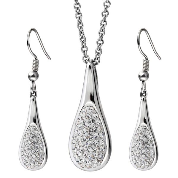 

fashion wedding jewelry sets for brides stainless steel pave cz crystal stud earrings & necklace bridal jewelry set, Silver