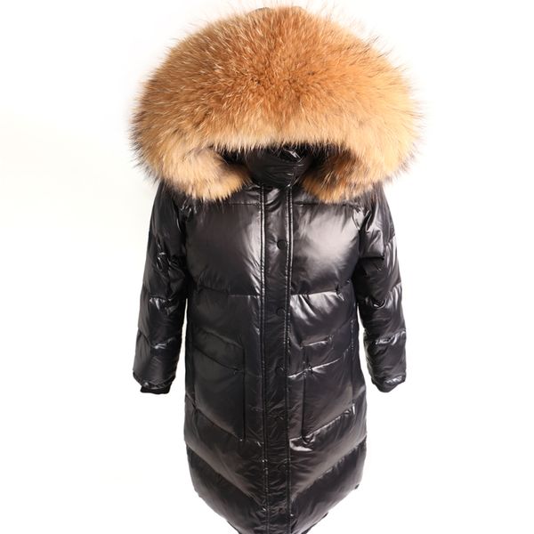 Mulheres de inverno preto para baixo jaqueta real raposa raposa grande colar grande casaco feminino pato para baixo jaqueta morno longo para baixo casaco parka guaxinim colarinho 210204