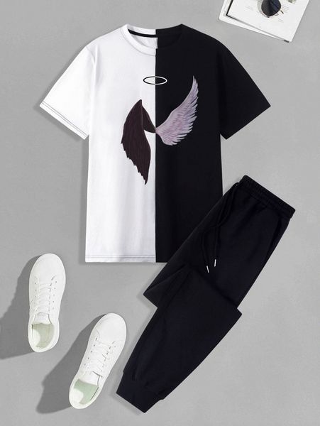 

men wing print two tone tee & joggers z1p0#, Gray