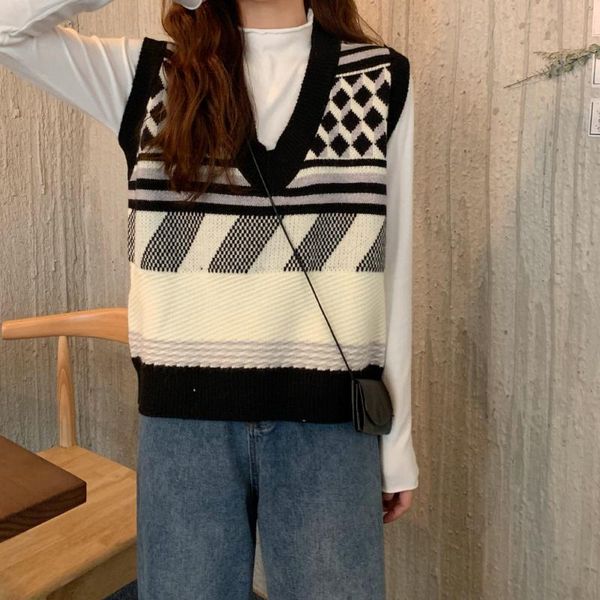 

women's vests preppy style knit vest women knitted argyle sweater sleeveless plaid warm tanp autumn short outwear chalecos para mujer, Black;white