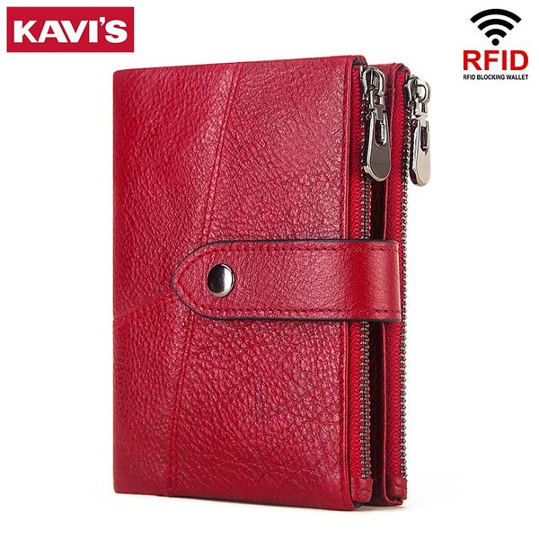 

kavis genuine cow leather women wallets pocket ladies female purse clutch small wallet short card holder girls fashion red color, Red;black