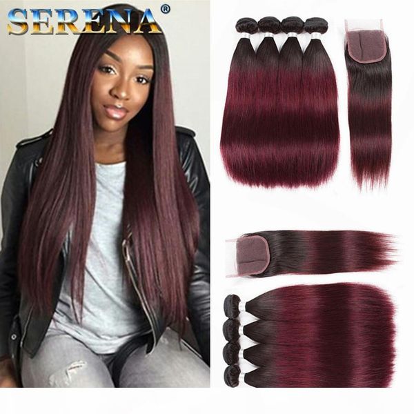 

brazilian ombre hair 1b 99j straight 4 bundles unprocessed grade 8a burgundy wine red ombre human hair weaves extensions with 4x4 closure, Black;brown