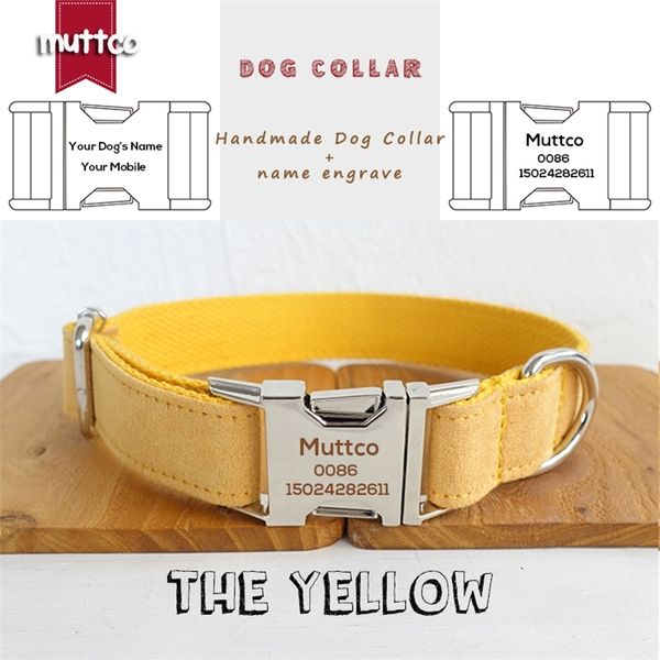 Muttco Gravado Metal Buckle Cão Collar O Yellow Personalizado Dog ID Tag Collar 5 Tamanhos Nome Placa Anti-perdido Abastecimento PET LJ201112