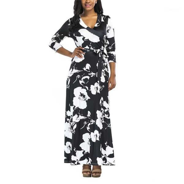 

female boho floral women dress casual beach maxi ball gown elegant v-neck dresses spring1, Black;gray