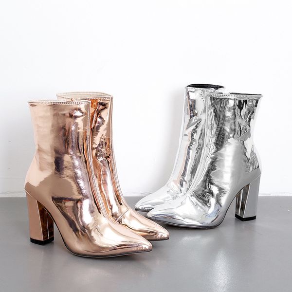 

silver patent leather mid-calf high-heel nine in boots women's fall pointed to toepole dance shoes bombs nwv3, Black