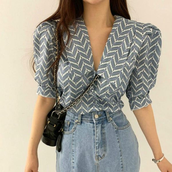 

women's blouses & shirts clothing vintage shirt chic geometric print office lady v-neck puff sleeve blusas summer turn-down collar, White
