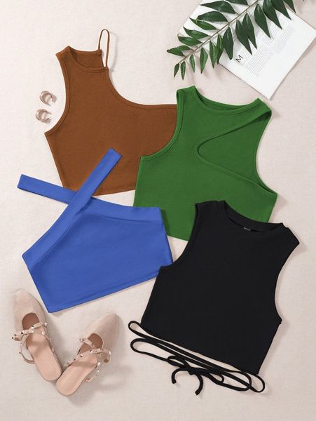 

4pcs solid crop rib-knit h4zl#, White