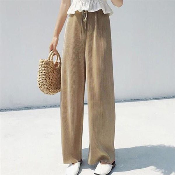 

summer wide leg pants for women casual stretch high waist loose long pants femme comfortable plus size pleated trousers, Black;white