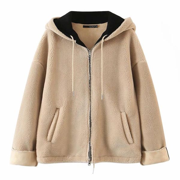

women's fur & faux winter women simple casual keep warm hooded coat female hem drawstring adjustable tightness zipper placket jacket, Black