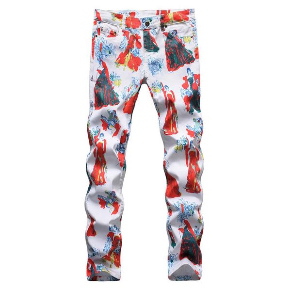 

men's beauty girl print jeans fashion red painted white stretch thin denim pants trousers, Blue