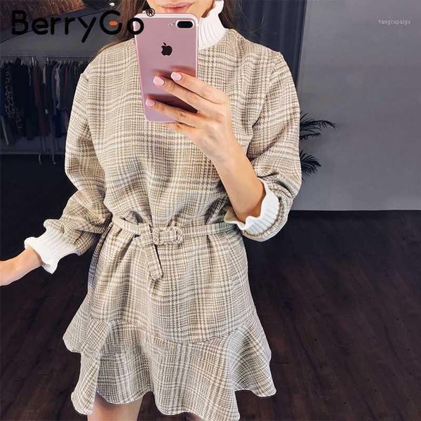 

berrygo winter plaid mini dresses women turtle neck tweed short dress female vintage ruffle sash autumn office ladies vestidos1, Black;gray