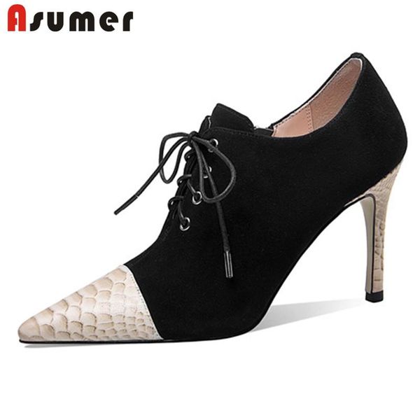 

dress shoes asumer quality single women pumps suede leather lace up spring summer fashion classic thin high heels woman, Black