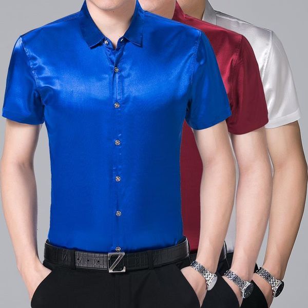 

male short sleeve silk shirt 2017 summer men shirts pure color soft satin silk dress shirts, White;black