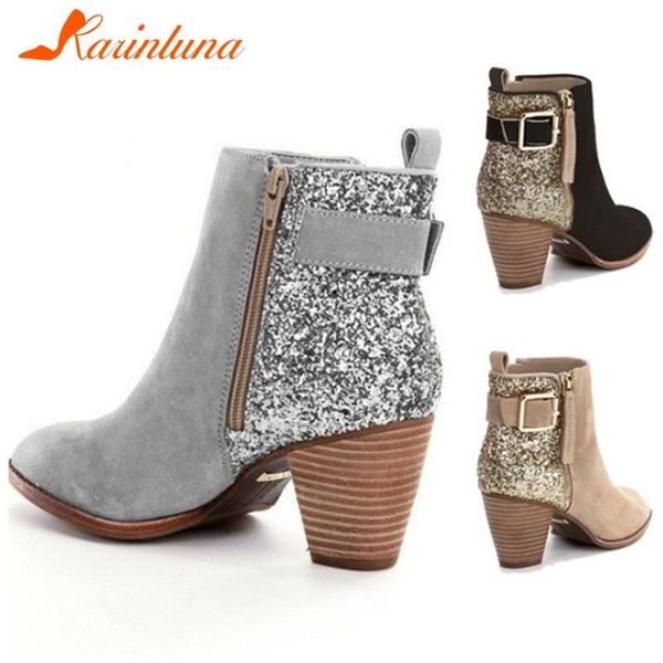 

boots karin 2021 design big size 43 sequined cloth spike heels ankle woman shoes zip up patchwork spring autumn, Black