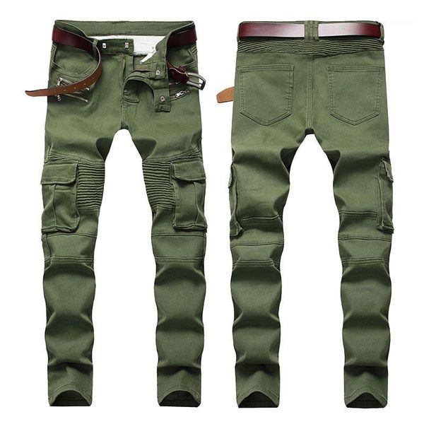 

mcikkny fashion mens biker jeans pants multi pockets motorcycle denim trousers for male army green1, Blue