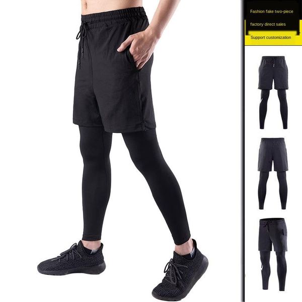 

gym clothing men's sports tights fake two fitness pants stretch quick-drying shorts summer running training outdoor trousers, White;black