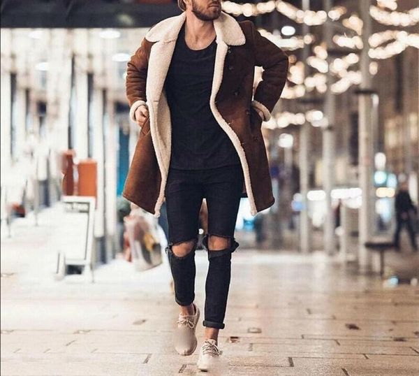 

men's trench coats fur fleece coat double breasted overcoat lapel winter warm fluffy jacket buttons outerwear brown, Tan;black