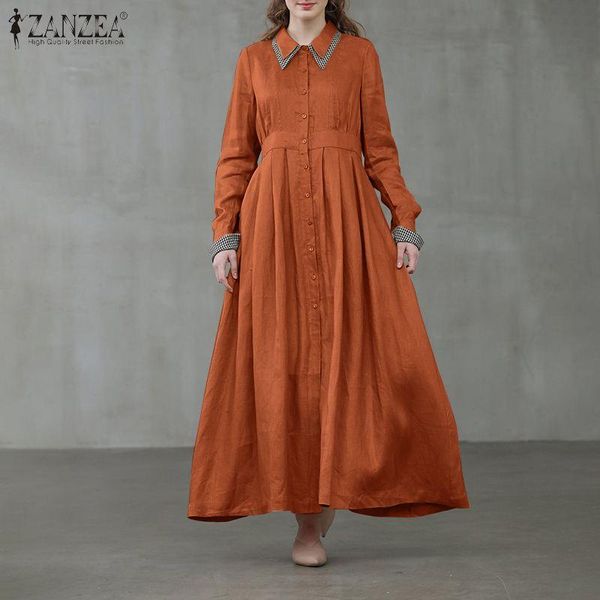 

zanzea fashion women maxi long dress spring lapel neck shirt dress casual elegant plaid patchwork long sleeve vestidos femininas, Black;gray