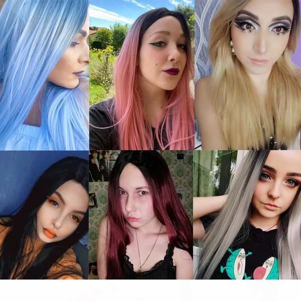 

blue long straight wig for women black pink blonde wigs 24 inch cosplay wig no lace gradient color, Black;brown