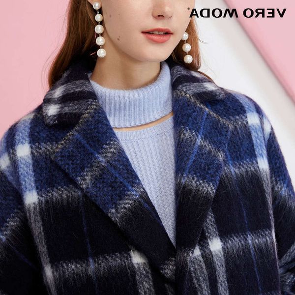 

1vero moda autumn sheep wool plaid woolen overcoat18uy, Black