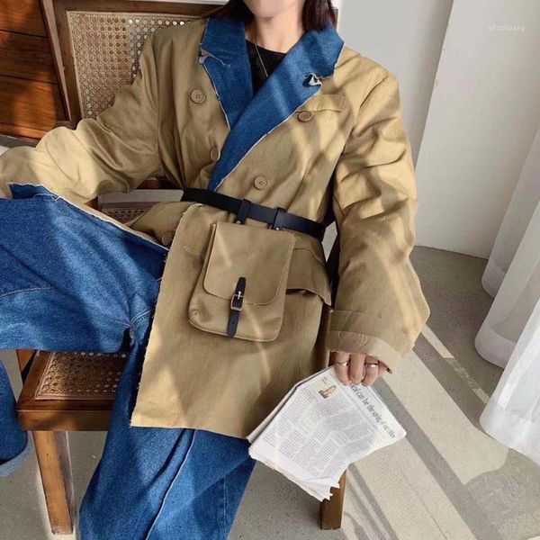 

deat] 2020 new autumn fashion blazer coat women hit color notched pocket patchwork design full sleeve loose high street ht0291, White;black