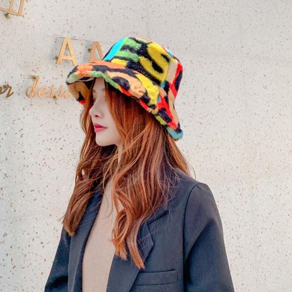 

wide brim hats outdoor multicolor rainbow faux fur letter pattern bucket women winter soft warm cow leopard thicken cap, Blue;gray